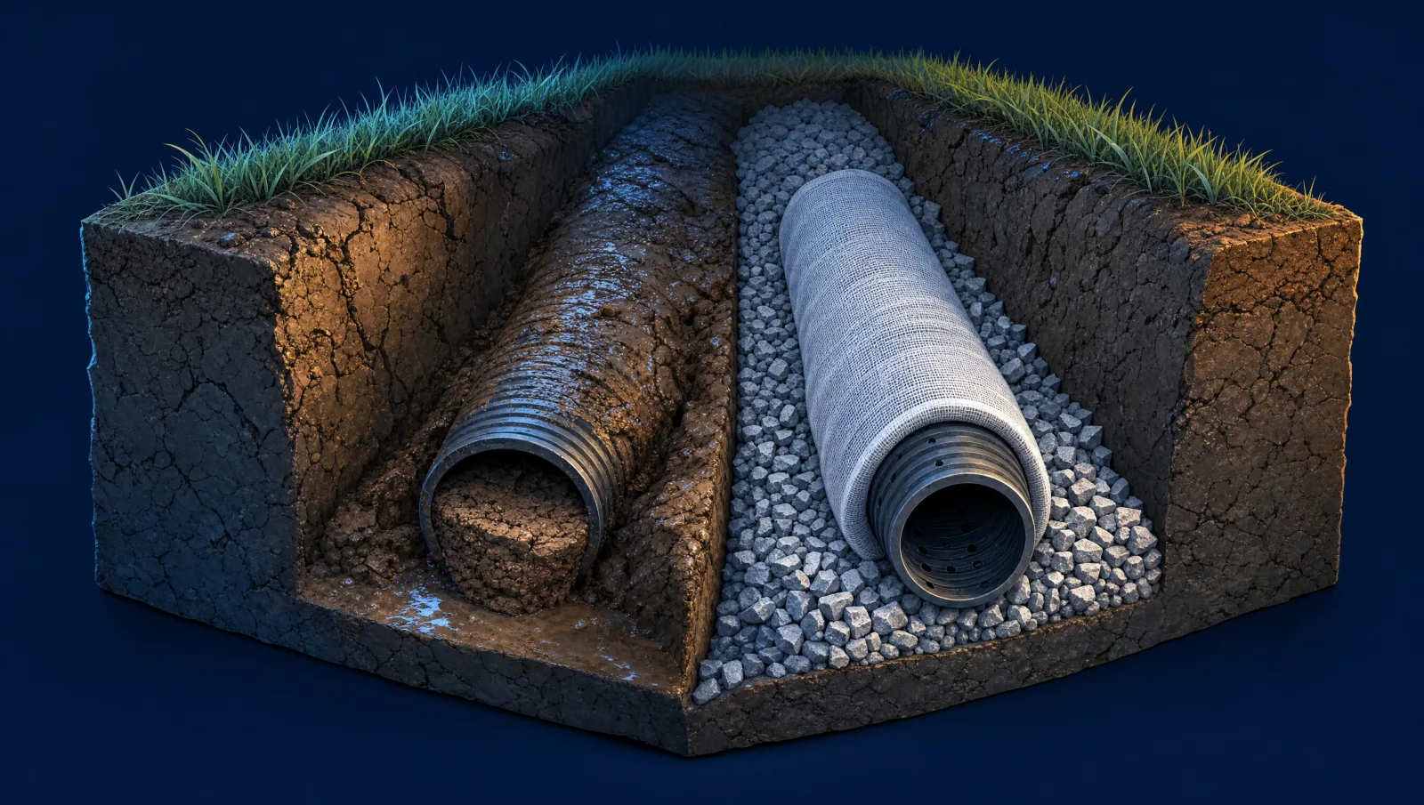 Cross-section comparing a clogged French drain pipe in clay soil against a properly stone-bedded drain pipe