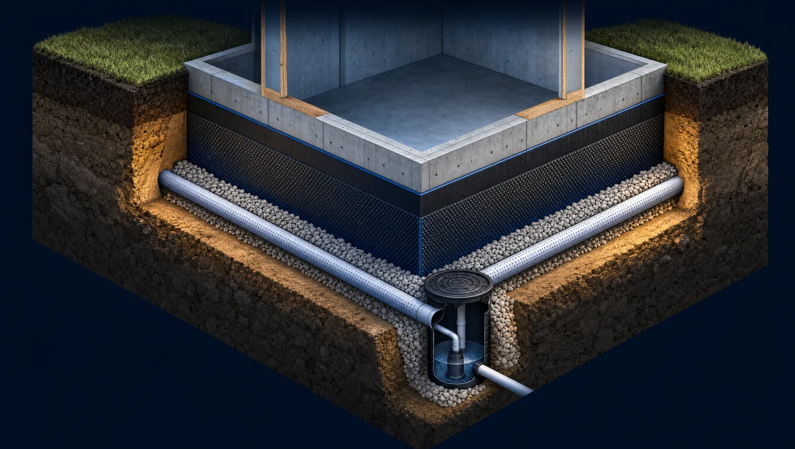 Cross-section of a full foundation perimeter drainage system with pipe, gravel backfill, and a sump basin connection
