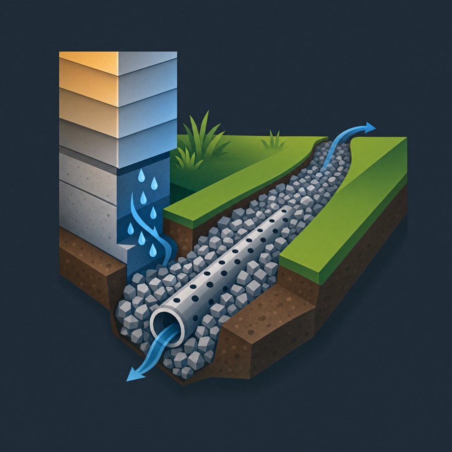 French drain trench redirecting water away from a home's foundation