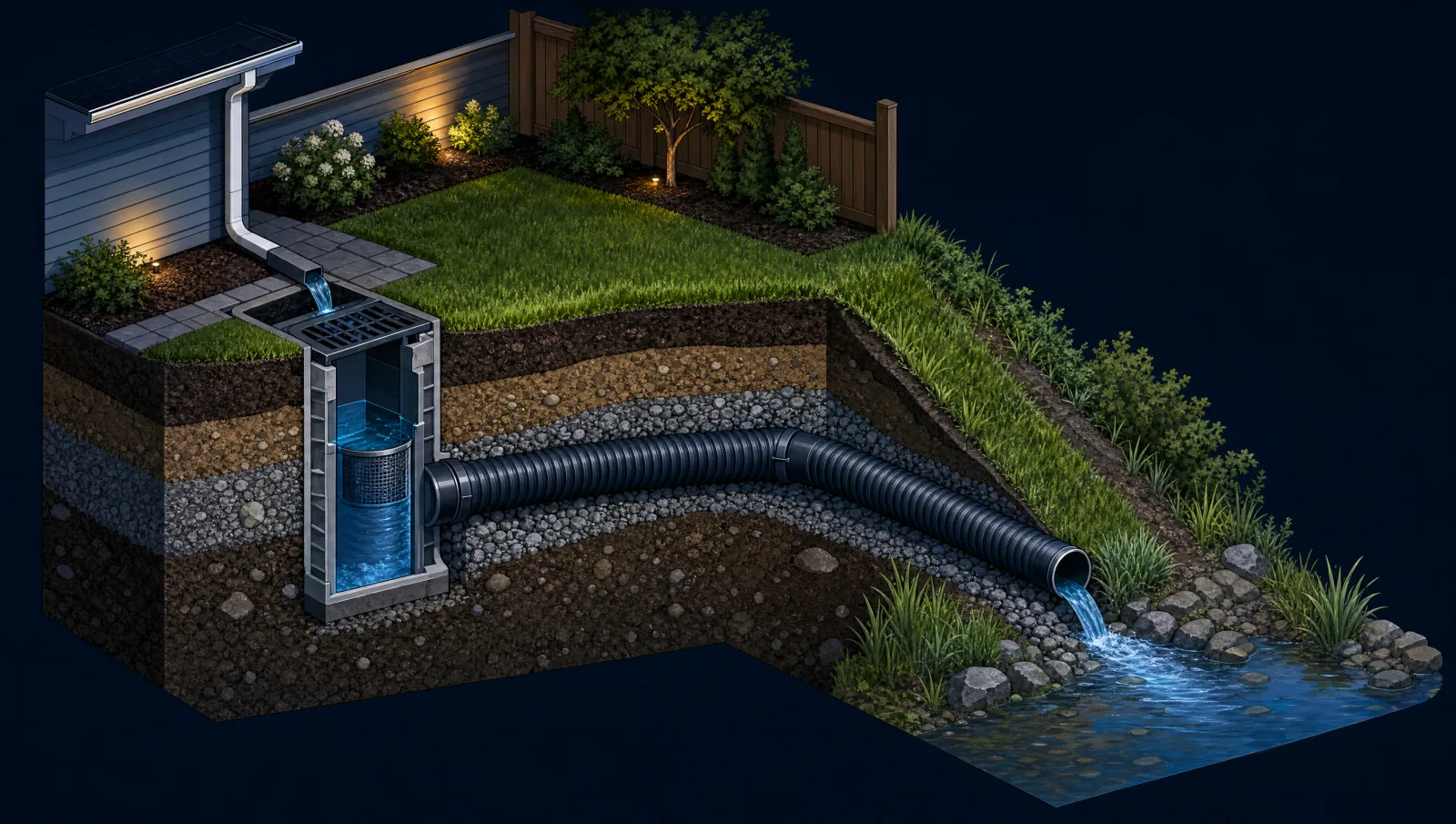 Underground catch basin and buried pipe routing storm water to a daylight discharge point