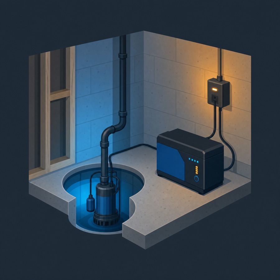 Sump pump and battery backup system installed in a basement
