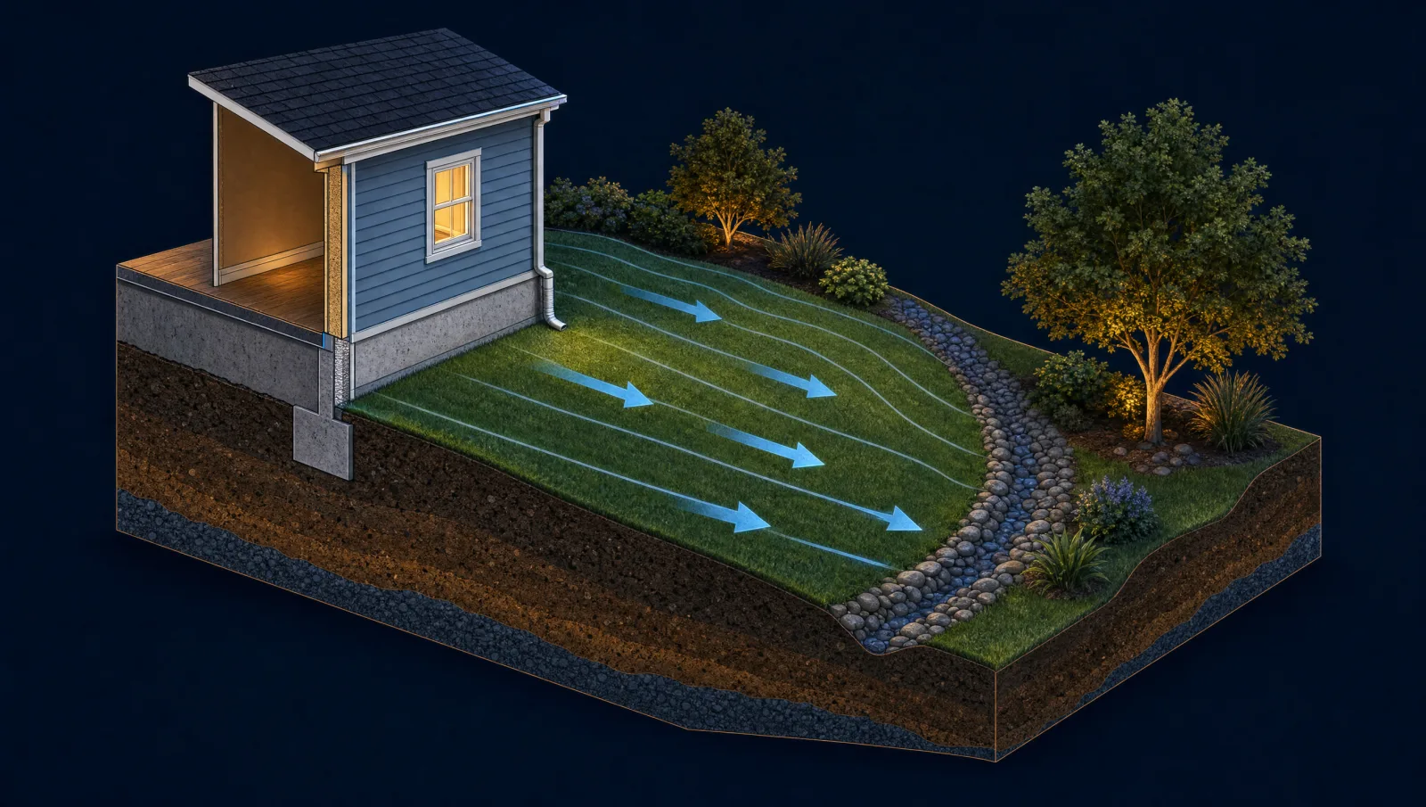 Cross-section of a yard graded to slope water away from a home's foundation